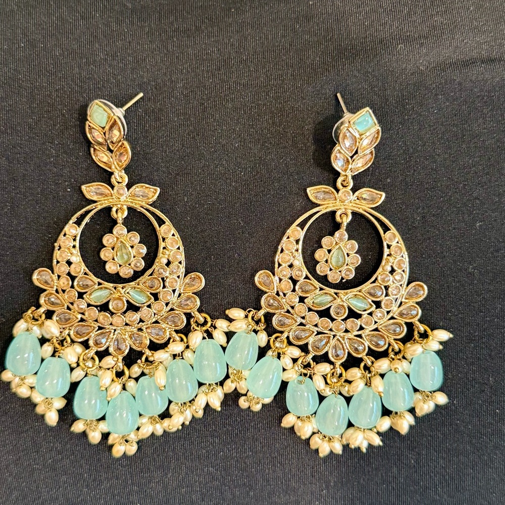 Indian Elegant Gold and Blue Chandelier Earrings